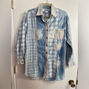 VTG 90’s True Blue Gingham multi pattern distressed acidwash Denim Shirt sz 9/10